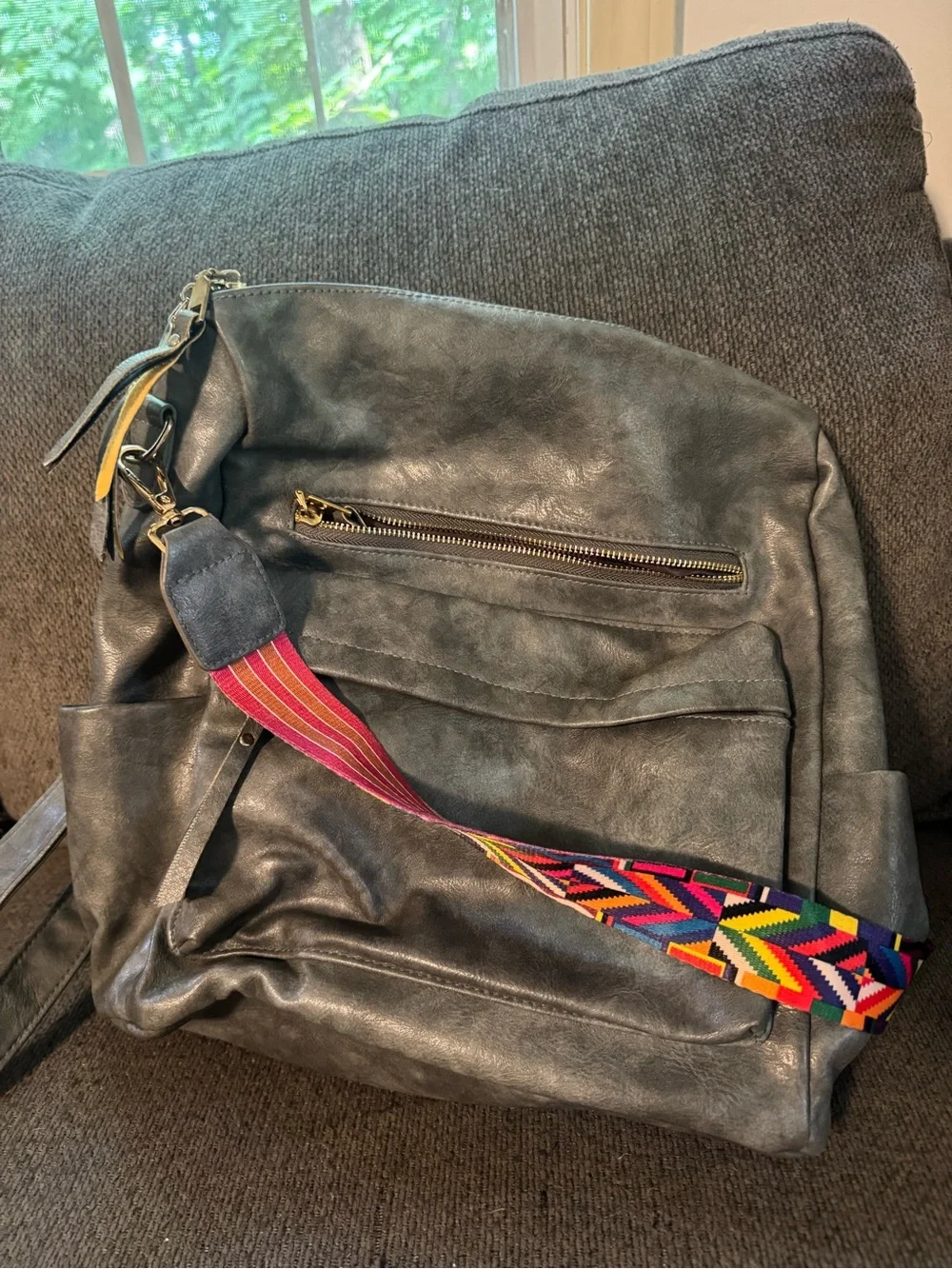 Grey Women's Faux Leather Backpack Tote with Front Zip Pocket